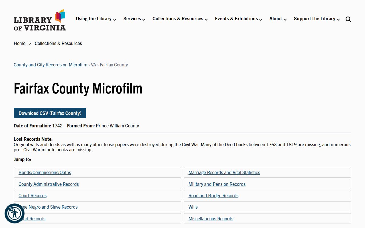 Fairfax previous residents Library of Virginia microfilm catalog entry