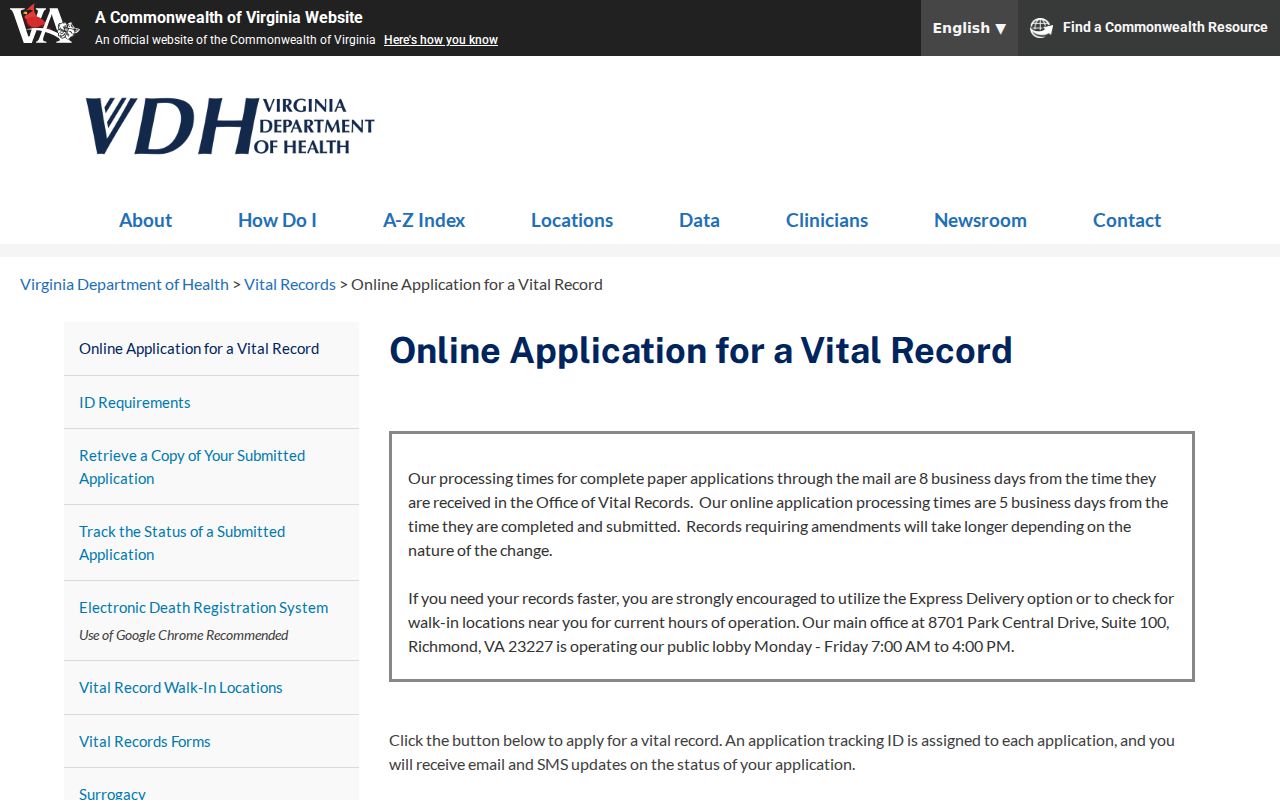 Fairfax resident lookup image of the Virginia vital-record application options