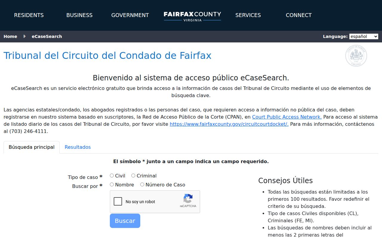 Fairfax resident lookup view of Fairfax Circuit Court eCaseSearch fields