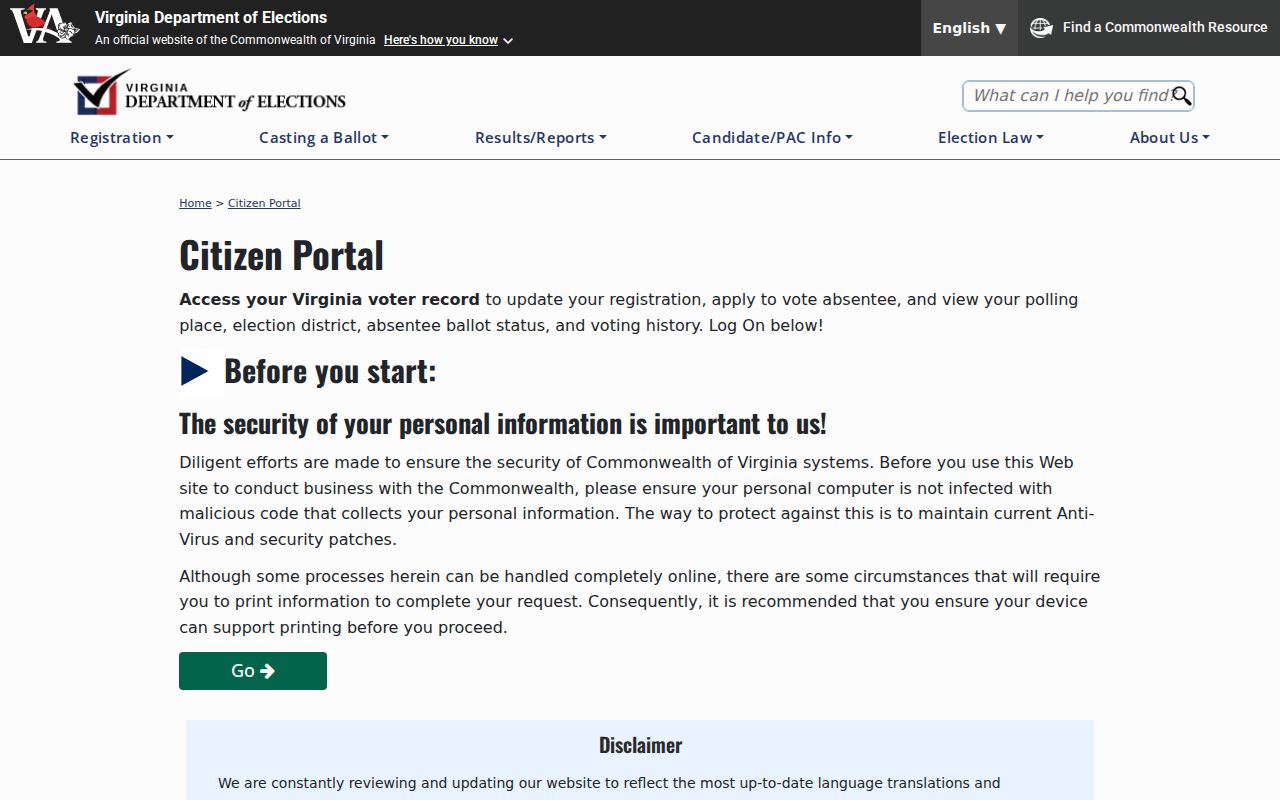 Fairfax resident lookup screen for the Virginia Department of Elections Citizen Portal