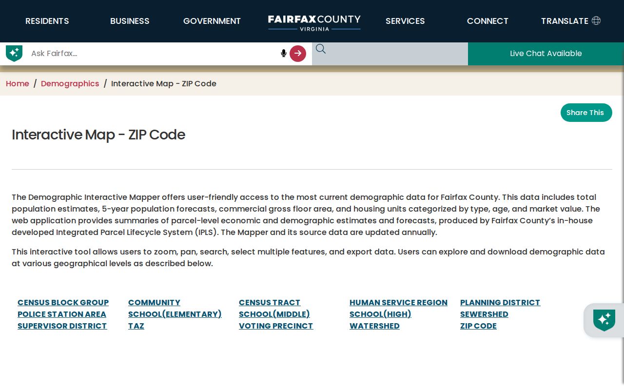 Fairfax ZIP code directory county interactive map controls